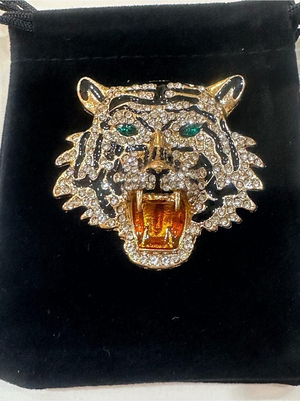 Gold Tone Rhinestone Tiger Head Brooch Pin Green Eyes Roaring Wild Big Cat 2.5”